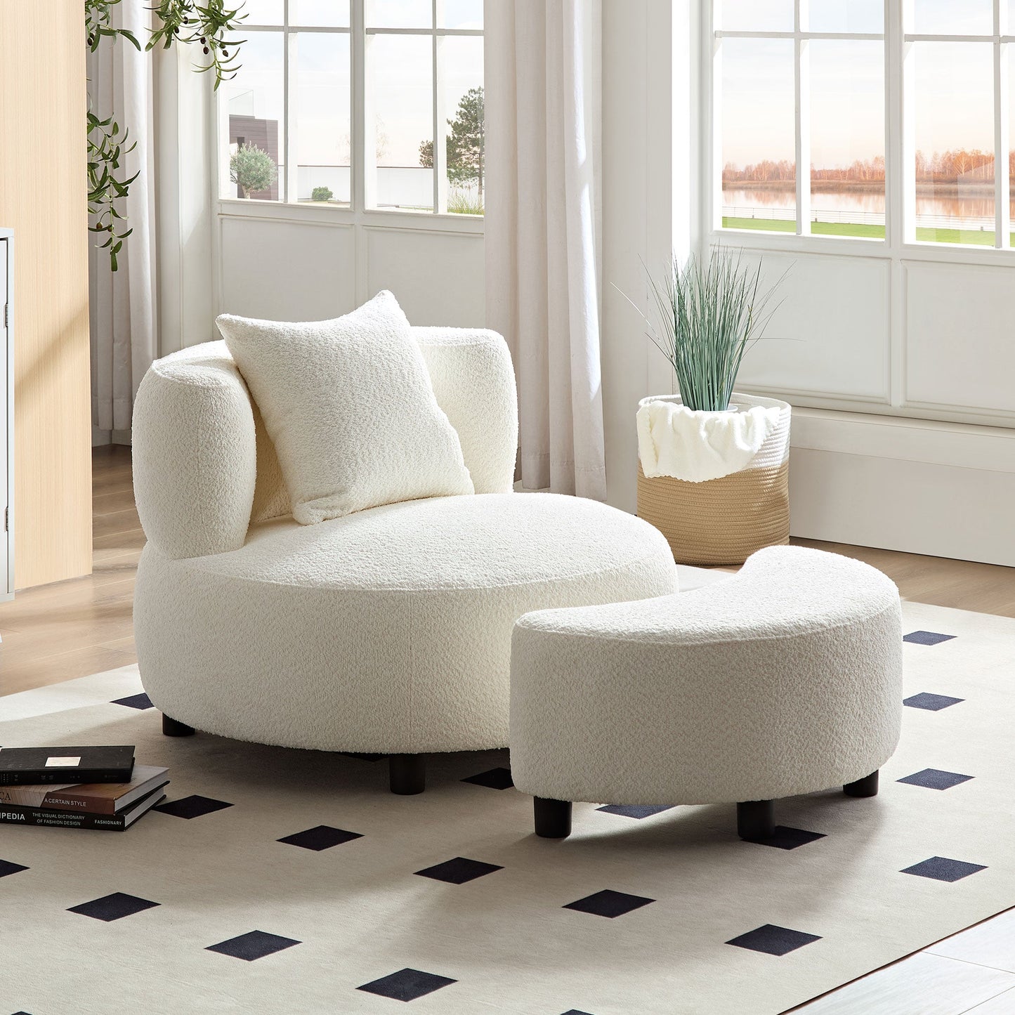 Teddy Fabric Sofa Chair with Ottoman in Beige