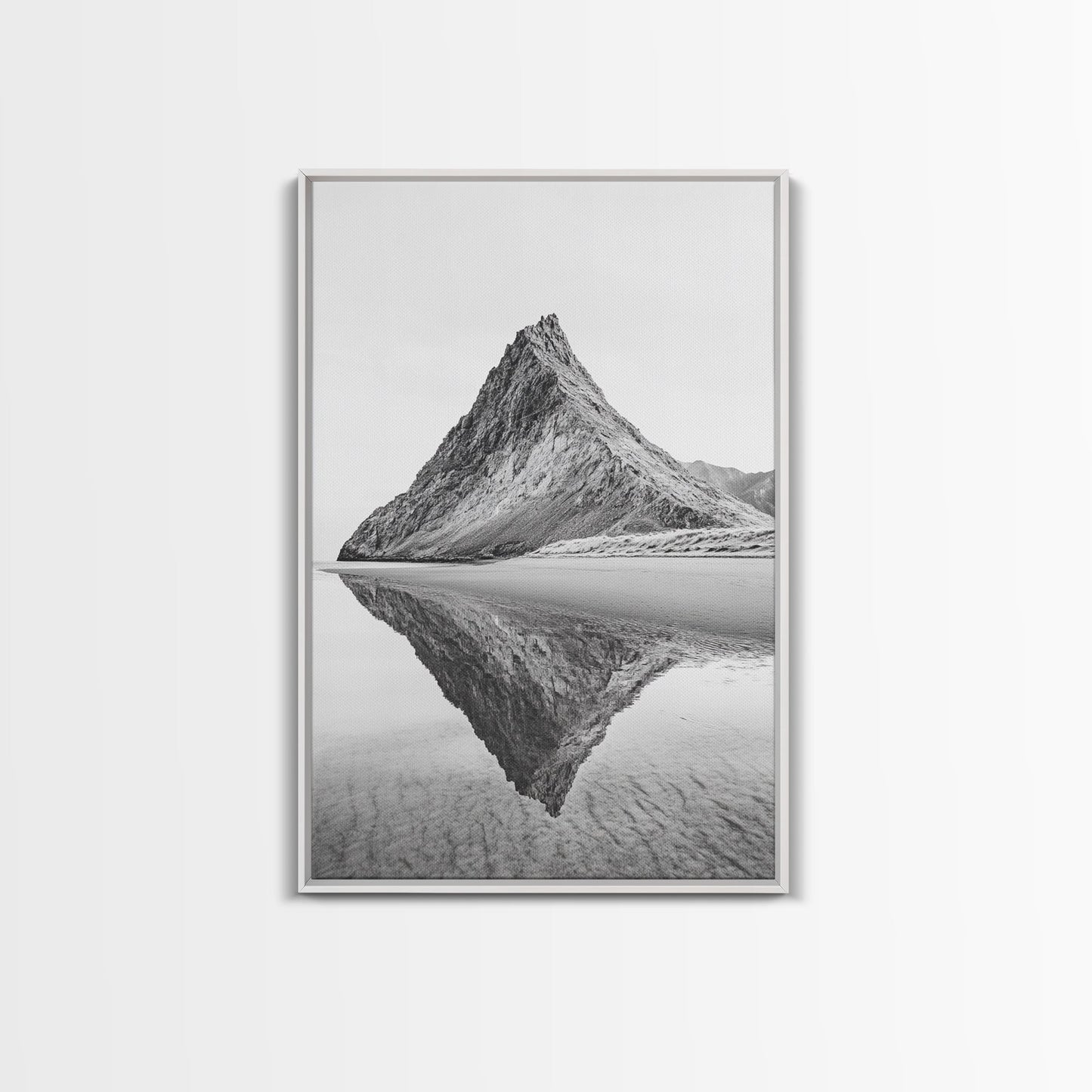 Mountain Mirror, Coastal Peak, Serene Beach, Canvas Print