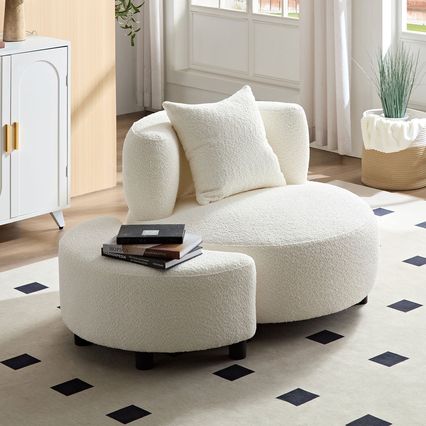Teddy Fabric Sofa Chair with Ottoman in Beige