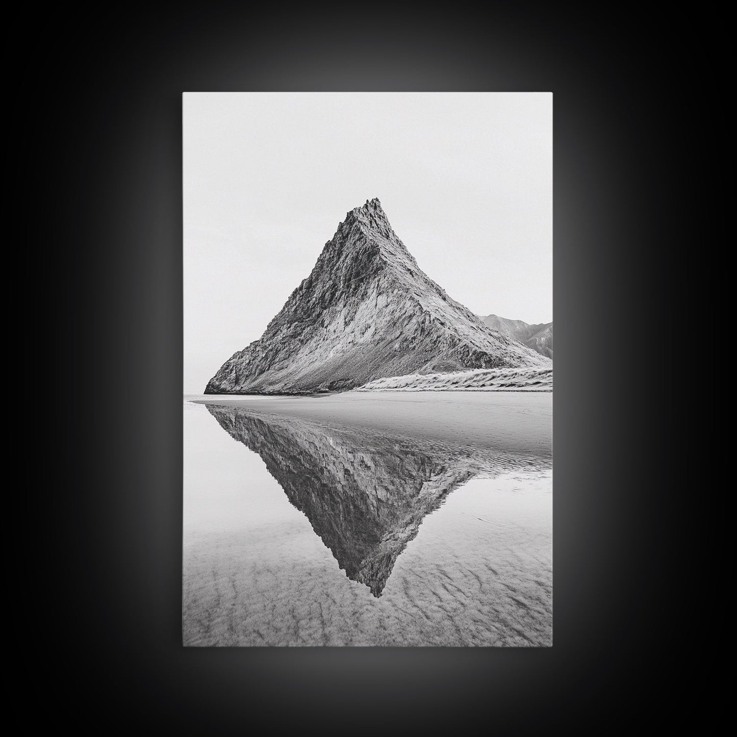 Mountain Mirror, Coastal Peak, Serene Beach, Canvas Print