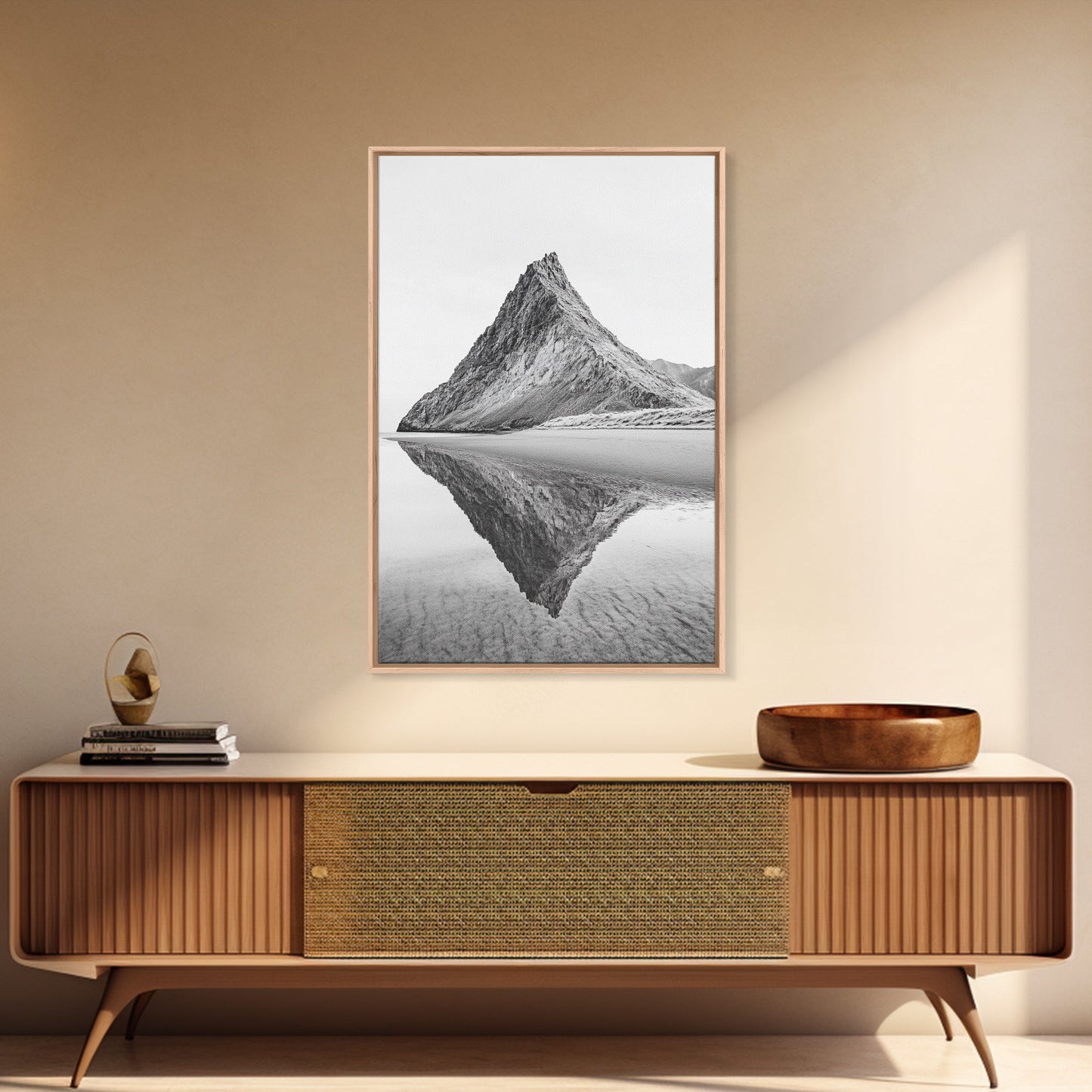 Mountain Mirror, Coastal Peak, Serene Beach, Canvas Print