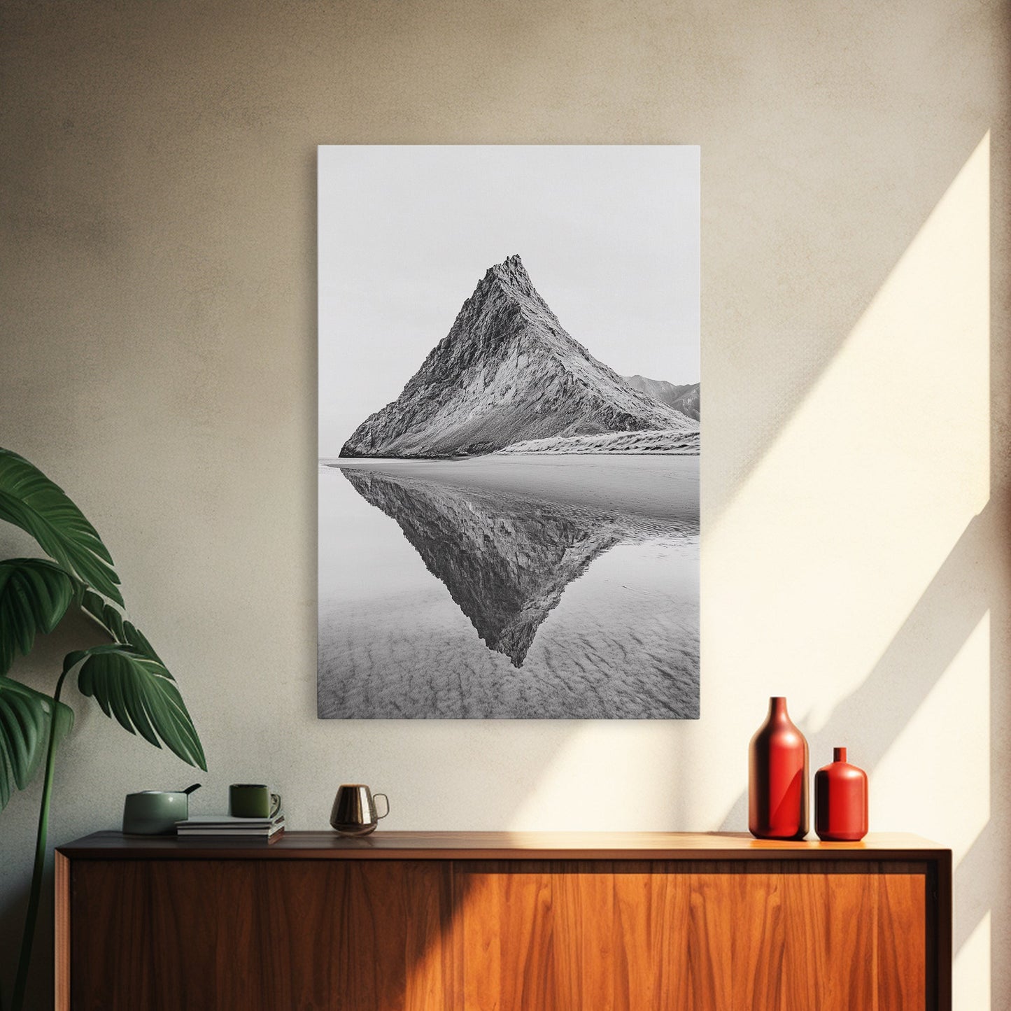 Mountain Mirror, Coastal Peak, Serene Beach, Canvas Print