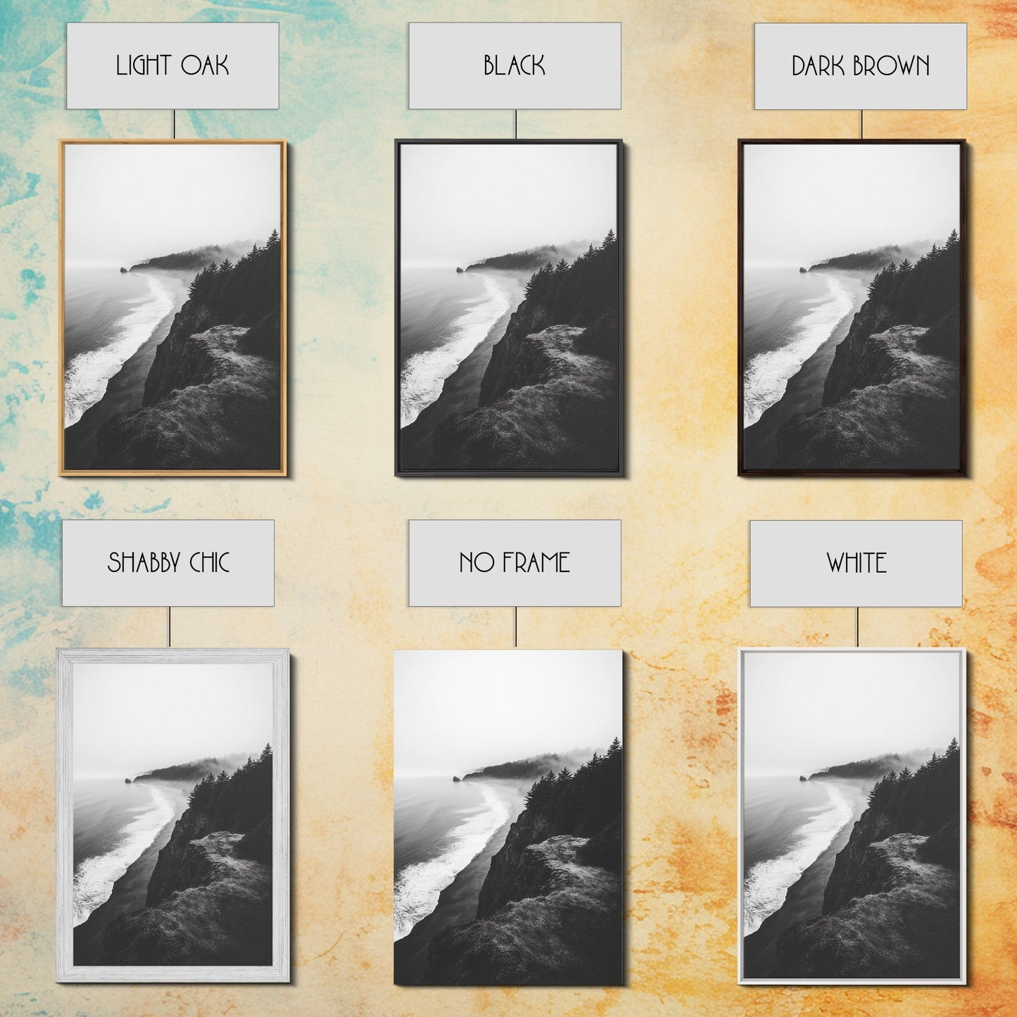 Misty Coastline, Pine Forest, Foggy Morning, Framed Canvas Print