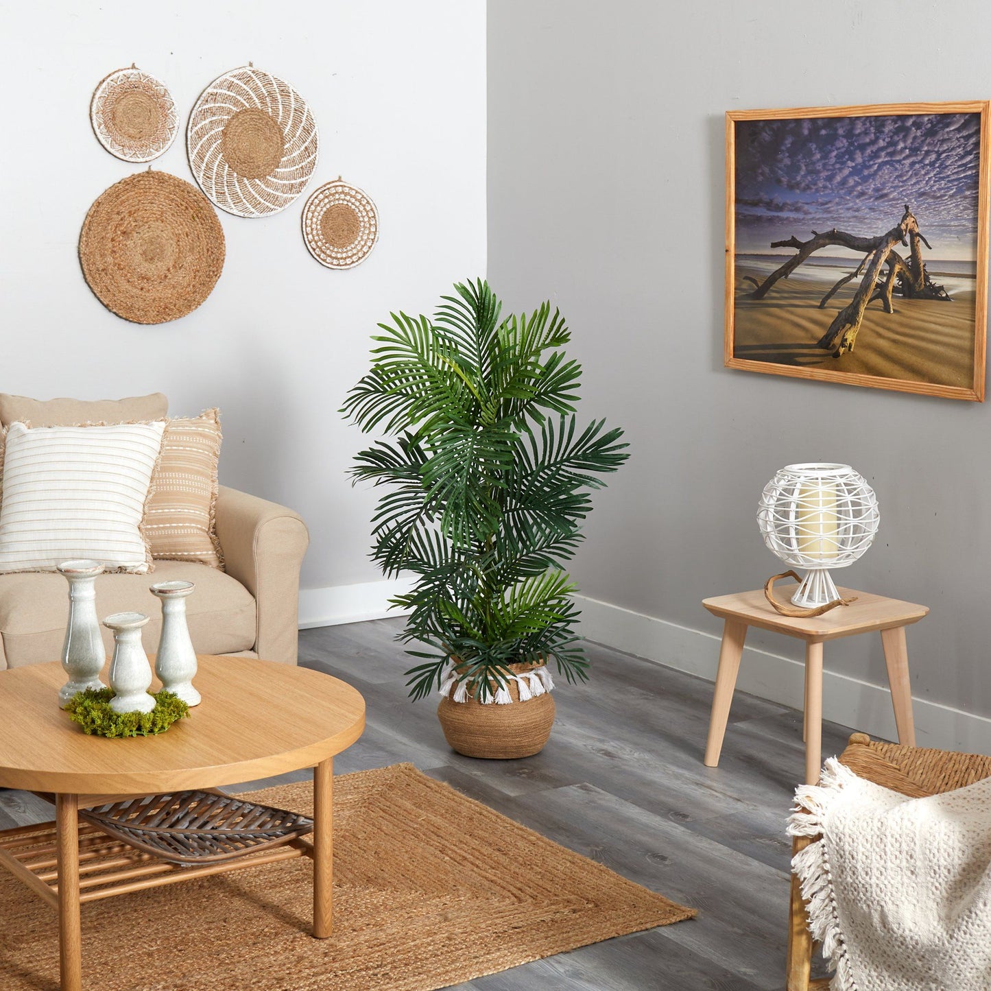 4’ UV-Resistant Areca Palm Tree in Handmade Boho Cotton Tassel Planter