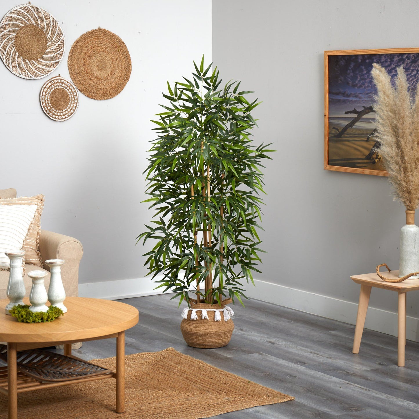 64” Bamboo Tree with Natural Bamboo Trunks in Boho Chic Handmade Natural Planter