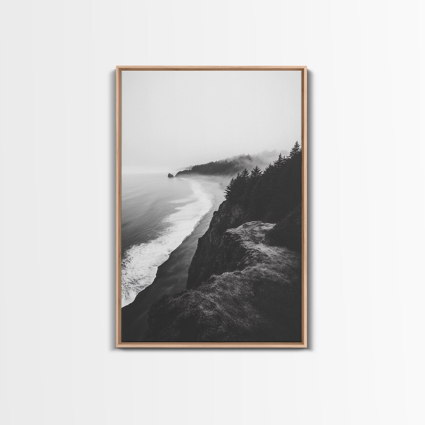 Misty Coastline, Pine Forest, Foggy Morning, Framed Canvas Print