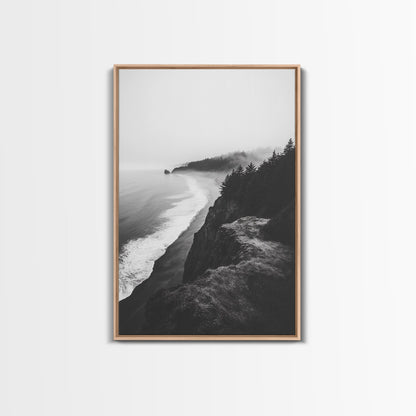 Misty Coastline, Pine Forest, Foggy Morning, Framed Canvas Print