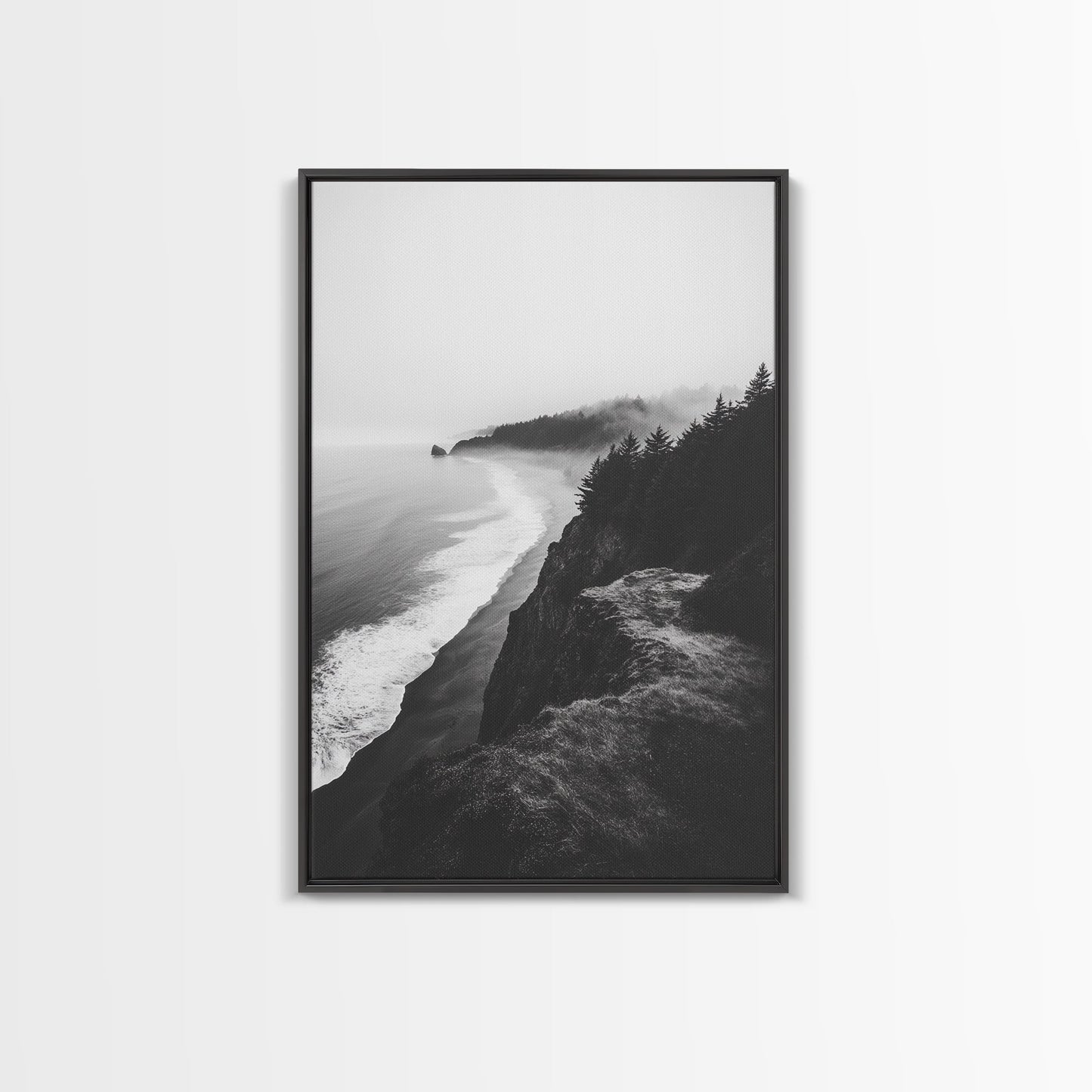 Misty Coastline, Pine Forest, Foggy Morning, Framed Canvas Print