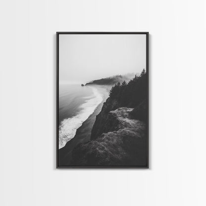 Misty Coastline, Pine Forest, Foggy Morning, Framed Canvas Print