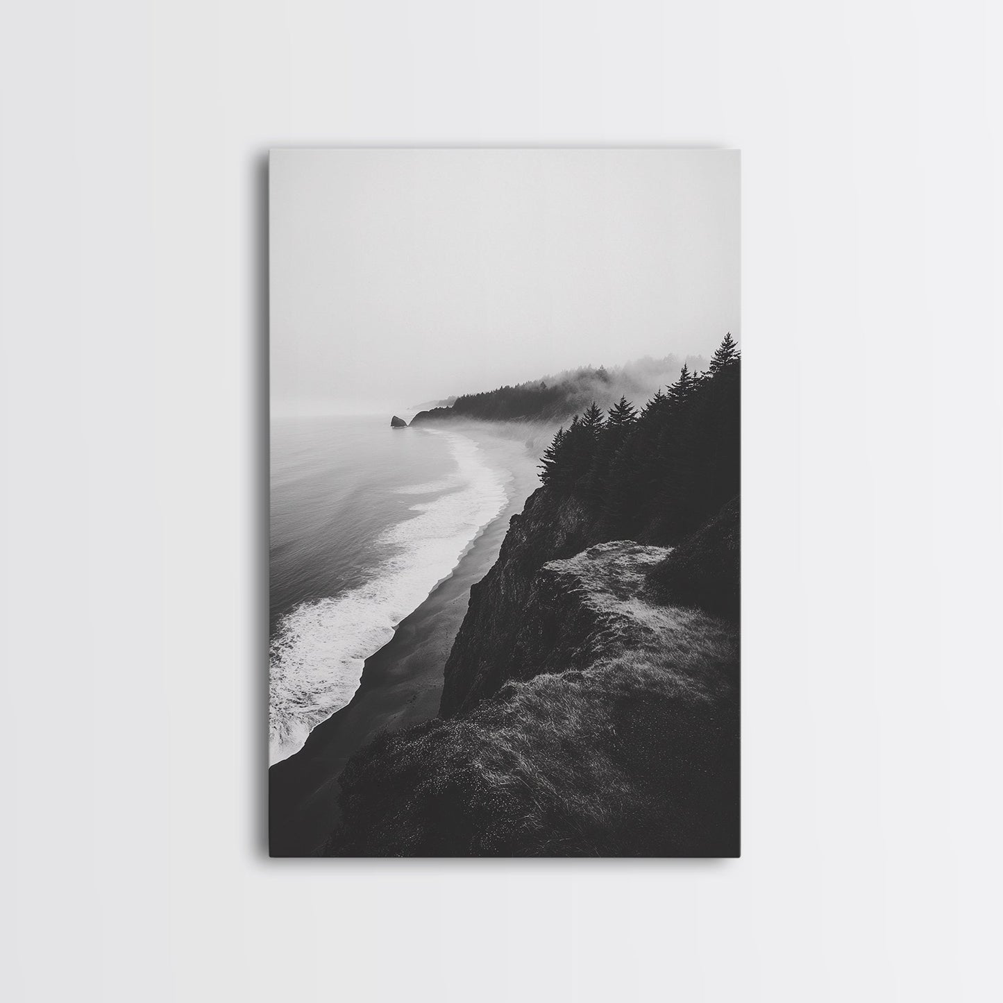 Misty Coastline, Pine Forest, Foggy Morning, Framed Canvas Print