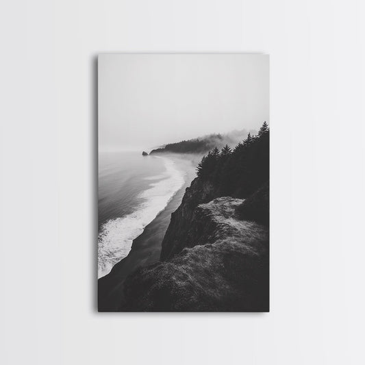 Misty Coastline, Pine Forest, Foggy Morning, Framed Canvas Print