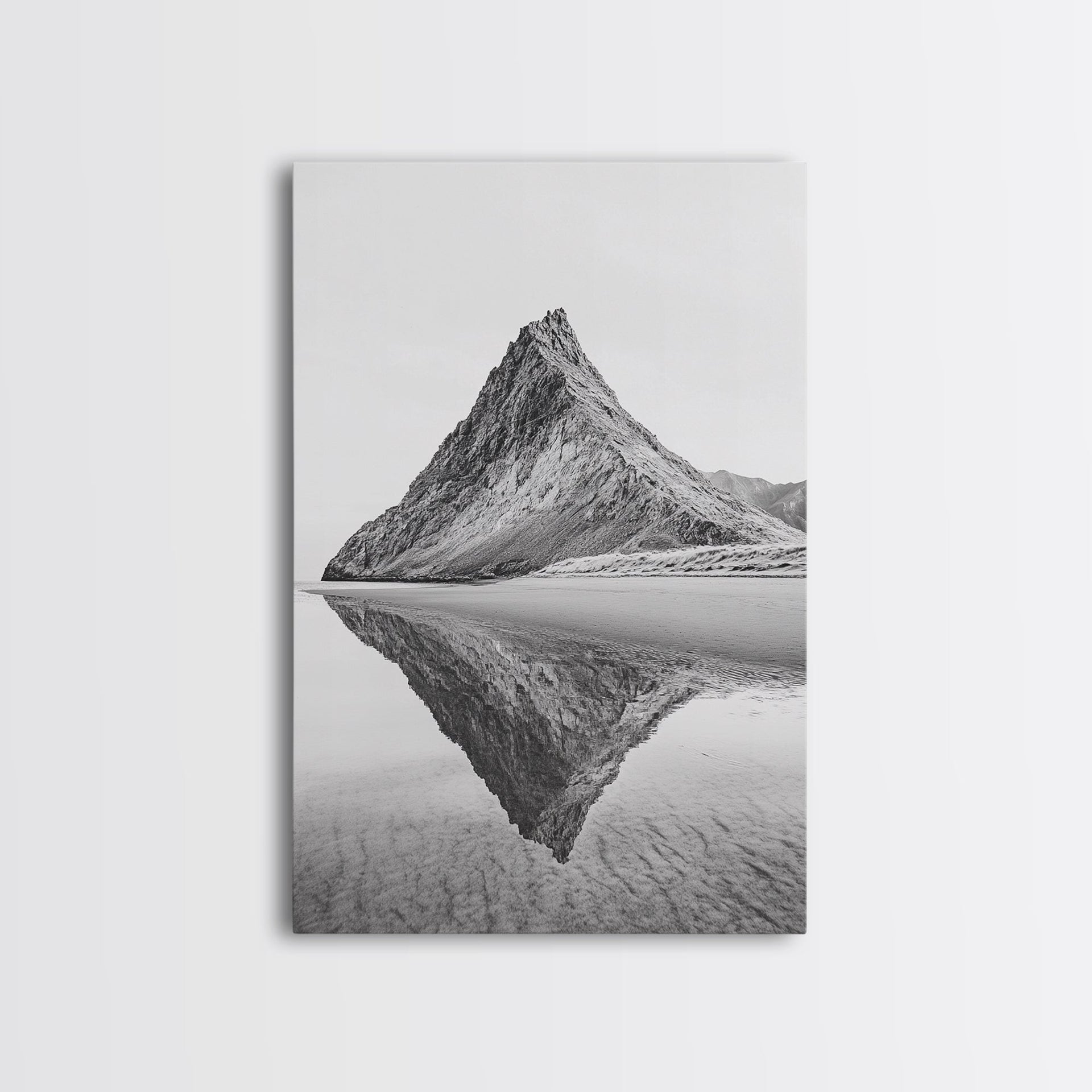 Mountain Mirror, Coastal Peak, Serene Beach, Canvas Print