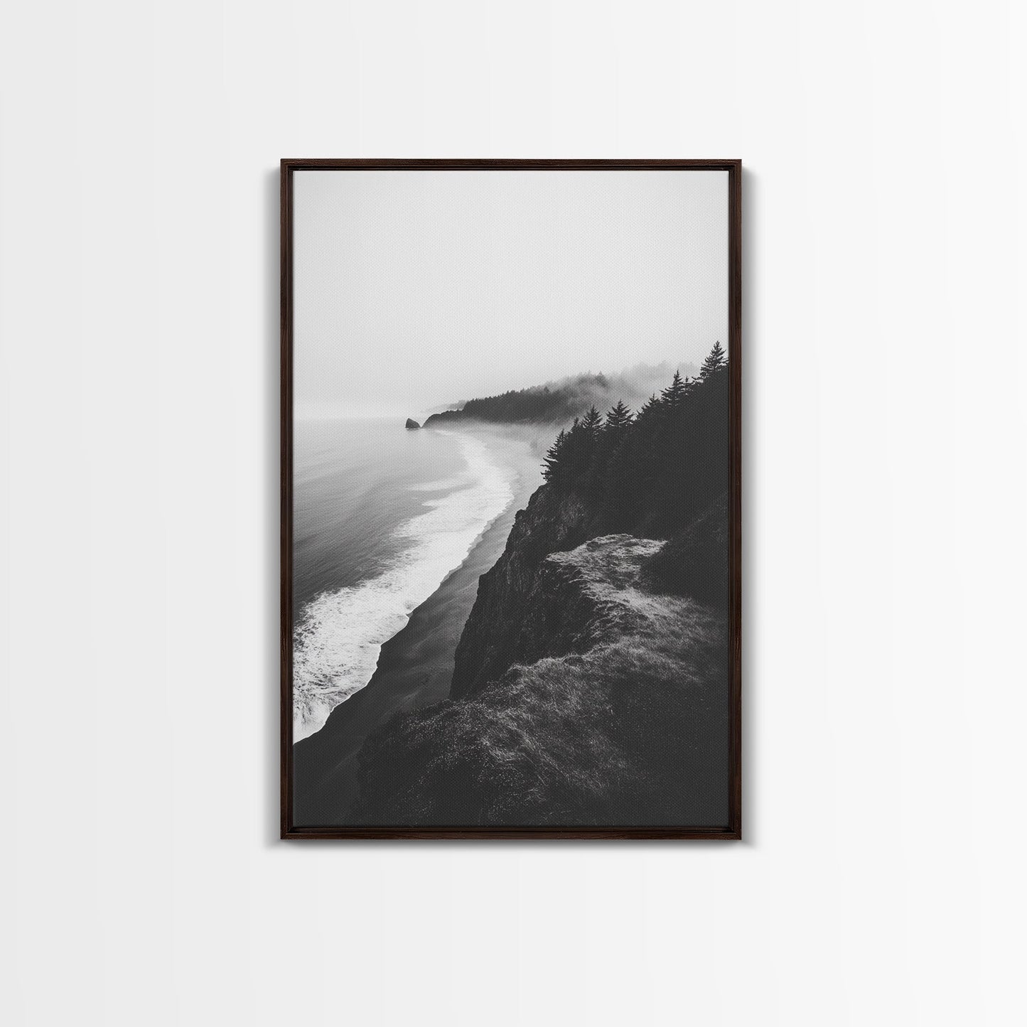 Misty Coastline, Pine Forest, Foggy Morning, Framed Canvas Print