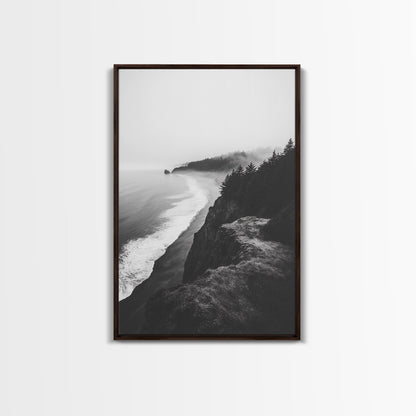 Misty Coastline, Pine Forest, Foggy Morning, Framed Canvas Print