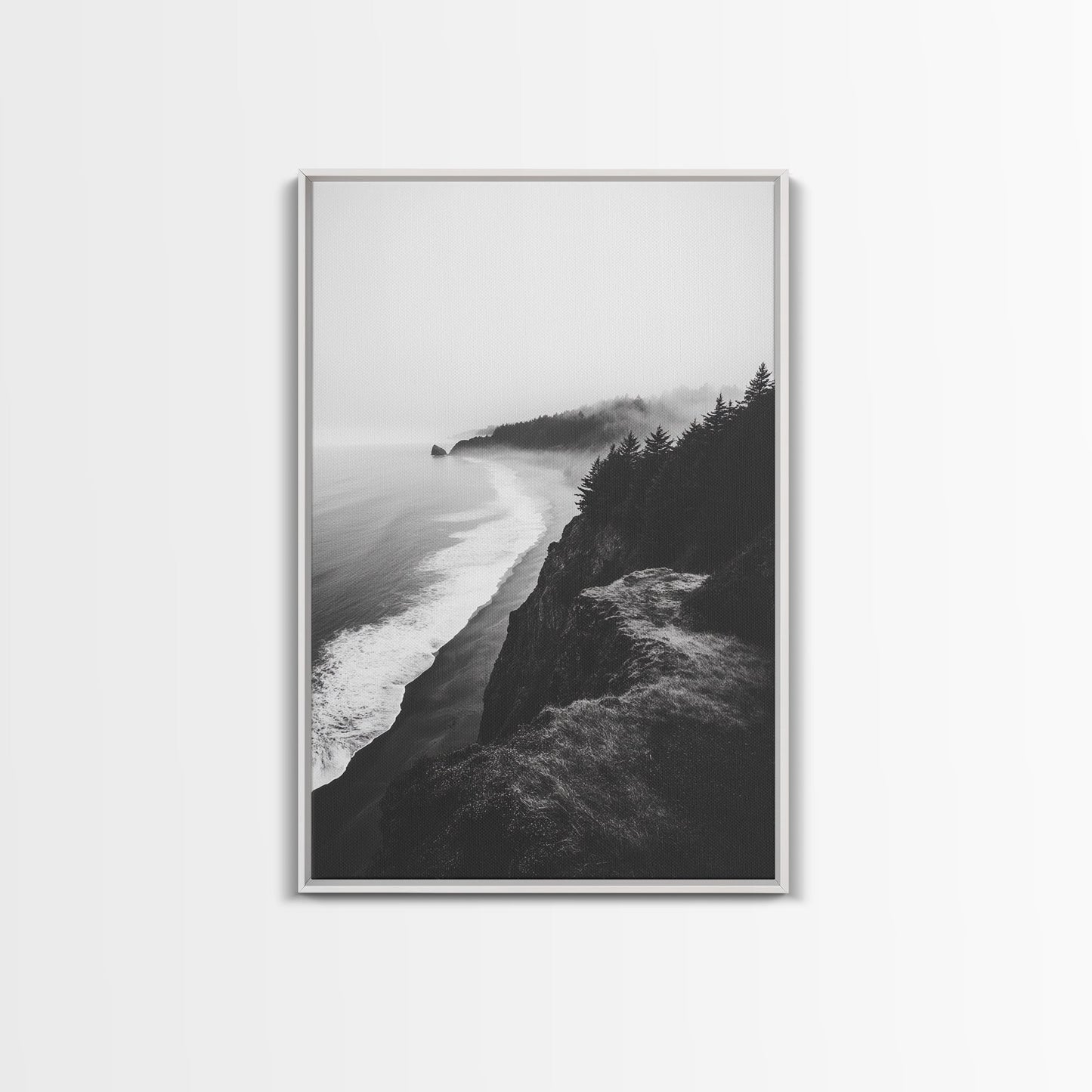 Misty Coastline, Pine Forest, Foggy Morning, Framed Canvas Print