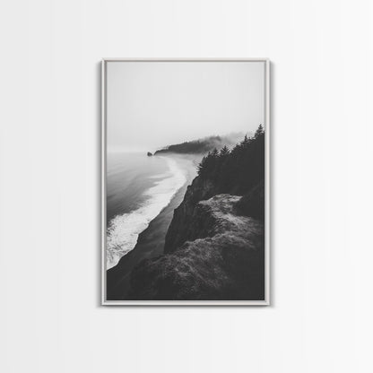 Misty Coastline, Pine Forest, Foggy Morning, Framed Canvas Print