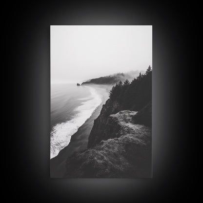 Misty Coastline, Pine Forest, Foggy Morning, Framed Canvas Print