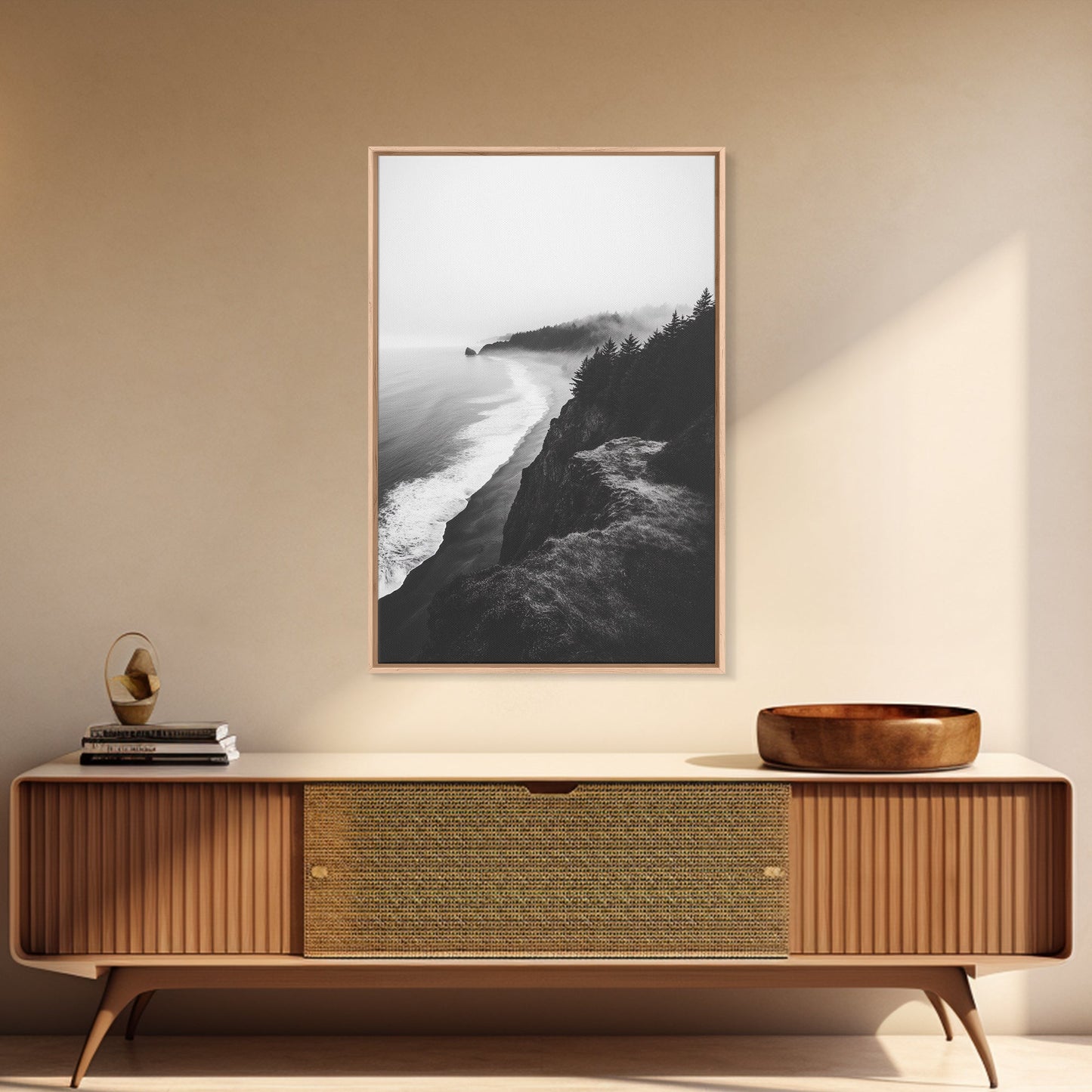 Misty Coastline, Pine Forest, Foggy Morning, Framed Canvas Print