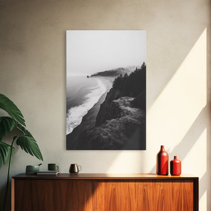 Misty Coastline, Pine Forest, Foggy Morning, Framed Canvas Print