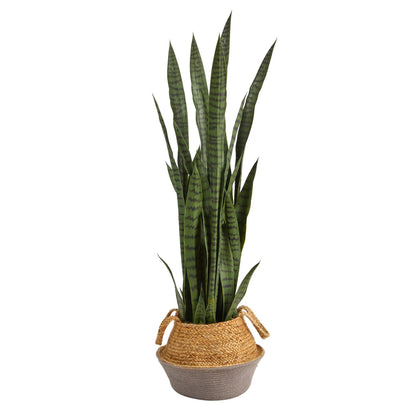 46” Artificial Snake Plant in Handmade Cotton & Jute Gray Planter