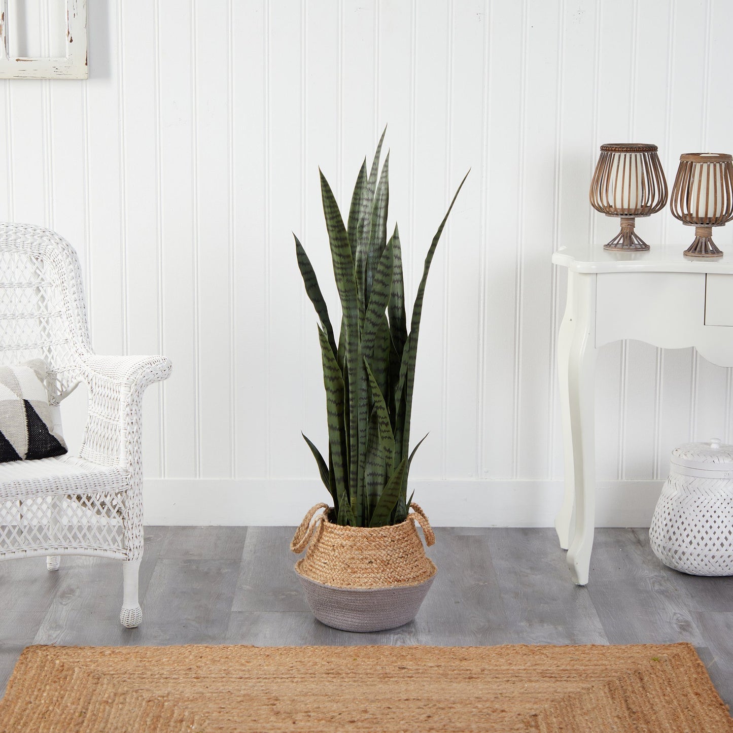 46” Artificial Snake Plant in Handmade Cotton & Jute Gray Planter