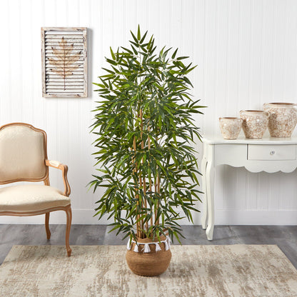 64” Bamboo Tree with Natural Bamboo Trunks in Boho Chic Handmade Natural Planter